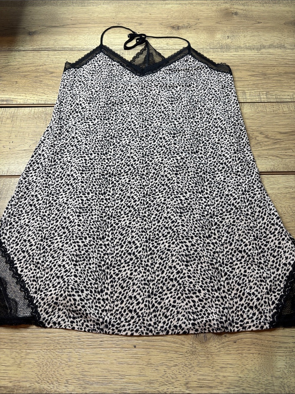 Victoria's Secret Black and Cream Leopard Lace-Trim BabyDoll Chemise Size L- NWT